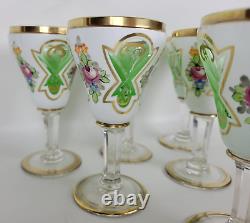 Vtg Bohemian Glass Decanter Cordial Set White Cased Cut to Green Painted Florals