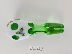 Vtg Bohemian Glass Decanter Cordial Set White Cased Cut to Green Painted Florals