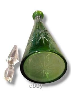 Vtg Bohemian Green Cut To Clear Crystal Decanter
