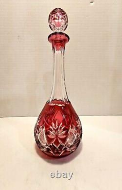 Vtg Bohemian Ruby Red Cut Crystal Glass Decanter With Six Stem Goblets