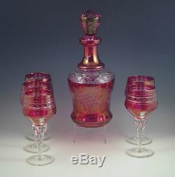Vtg Cranberry-ruby Cut To Clear Decanter And 5 Wine Goblets Set, Grapes, Czech