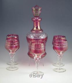 Vtg Cranberry-ruby Cut To Clear Decanter And 5 Wine Goblets Set, Grapes, Czech