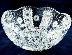 Vtg Deep Cut Crystal Clear Scalloped Edge Etched Flower Bowl