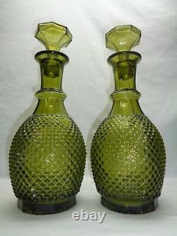 Vtg Italian Diamond Cut Genie Bottle Hobnail Green Decanters Mcm 60s Empoli Era