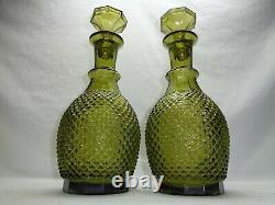 Vtg Italian Diamond Cut Genie Bottle Hobnail Green Decanters Mcm 60s Empoli Era