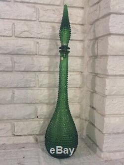 Vtg MID Century Empoli Glass Decanter Diamond Cut Green Genie Bottle Italy 22