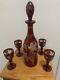 Vtg. Set Of 5 Bohemian Cut To Clear Cranberry Decanter Withstopper Stem Glasses
