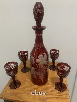 Vtg. Set of 5 Bohemian Cut to Clear Cranberry Decanter withStopper Stem Glasses