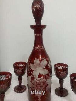 Vtg. Set of 5 Bohemian Cut to Clear Cranberry Decanter withStopper Stem Glasses