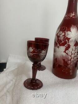 Vtg. Set of 5 Bohemian Cut to Clear Cranberry Decanter withStopper Stem Glasses