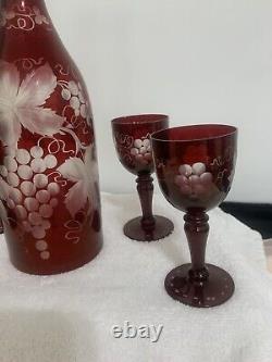 Vtg. Set of 5 Bohemian Cut to Clear Cranberry Decanter withStopper Stem Glasses