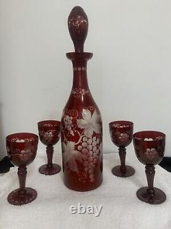 Vtg. Set of 5 Bohemian Cut to Clear Cranberry Decanter withStopper Stem Glasses