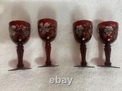 Vtg. Set of 5 Bohemian Cut to Clear Cranberry Decanter withStopper Stem Glasses