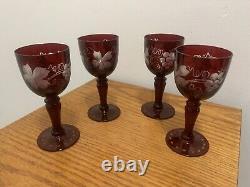 Vtg. Set of 5 Bohemian Cut to Clear Cranberry Decanter withStopper Stem Glasses