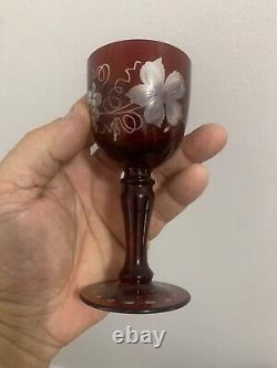 Vtg. Set of 5 Bohemian Cut to Clear Cranberry Decanter withStopper Stem Glasses