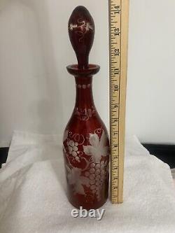 Vtg. Set of 5 Bohemian Cut to Clear Cranberry Decanter withStopper Stem Glasses