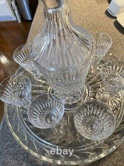 Waterford Decanter, 7 Glasses, And A Cut glass Tray