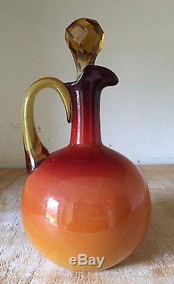 Wheeling Peach Blow Glossy Satin Glass Decanter With Amber Cut Stopper 1886-1891