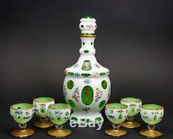 White Glass Overlay Cut to Green Bohemian Hand Painted Decanter & 6 Cordials