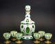 White Glass Overlay Cut To Green Bohemian Hand Painted Decanter & 6 Cordials