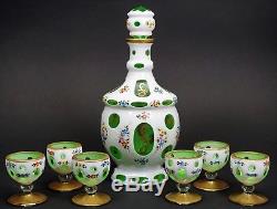 White Glass Overlay Cut to Green Bohemian Hand Painted Decanter & 6 Cordials