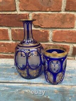 Wonderful 19th Century Bohemian Cobalt Cut to Clear Decanter Wit Etched Panels