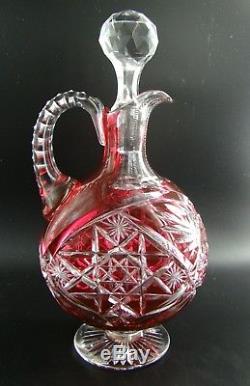 Wonderful French Baccarat Crystal Handled Decanter Red Ruby Cut to Clear ca 1900
